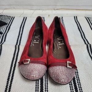AGL Cherry Red Suede Ballet Flats with Crystal Cap Toes, Sz 10